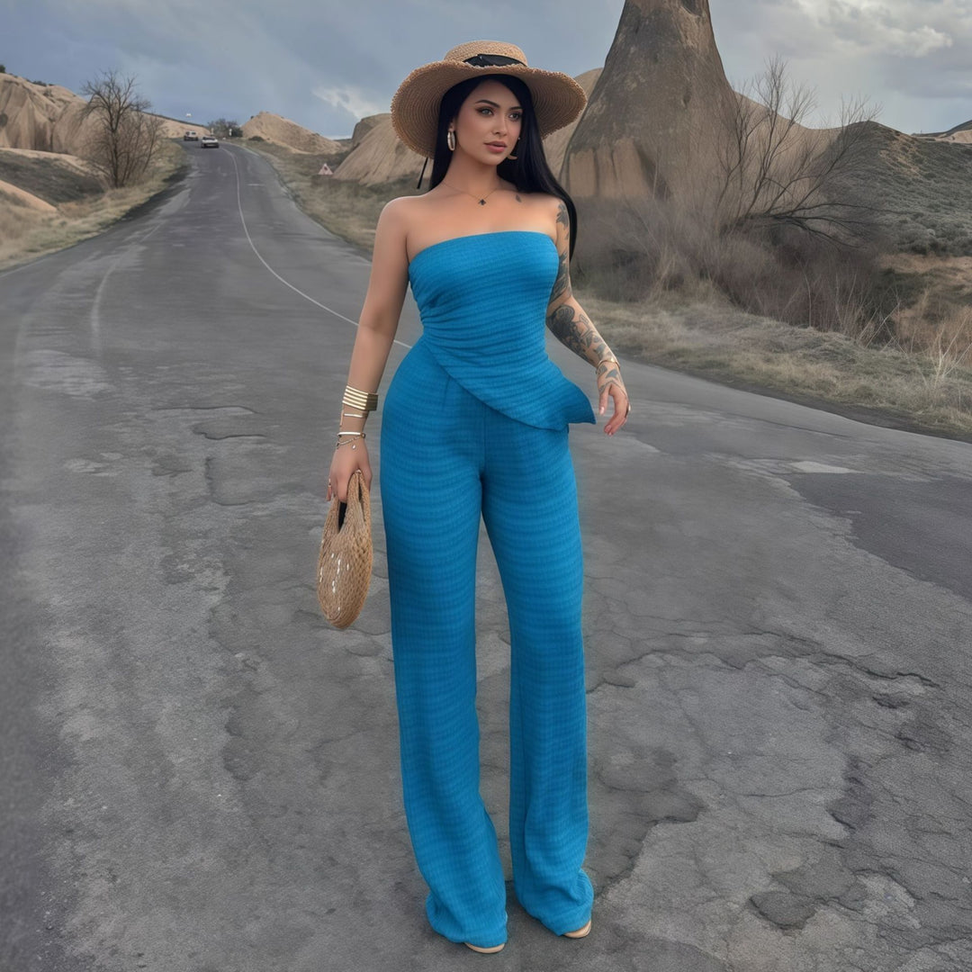 Damen eleganter Jumpsuit mit schulterfreiem Design und asymmetrischem Saum Echo Archiv