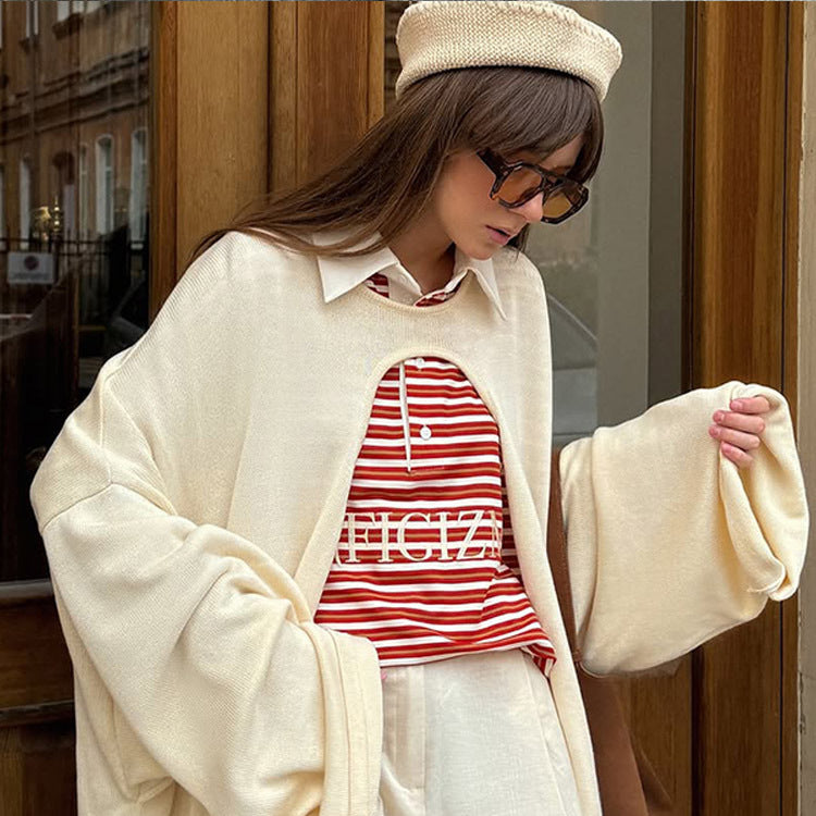 Damen Oversize Cape-Strickjacke mit weiten Trompetenärmeln und offenem Frontdesign Echoarchiv