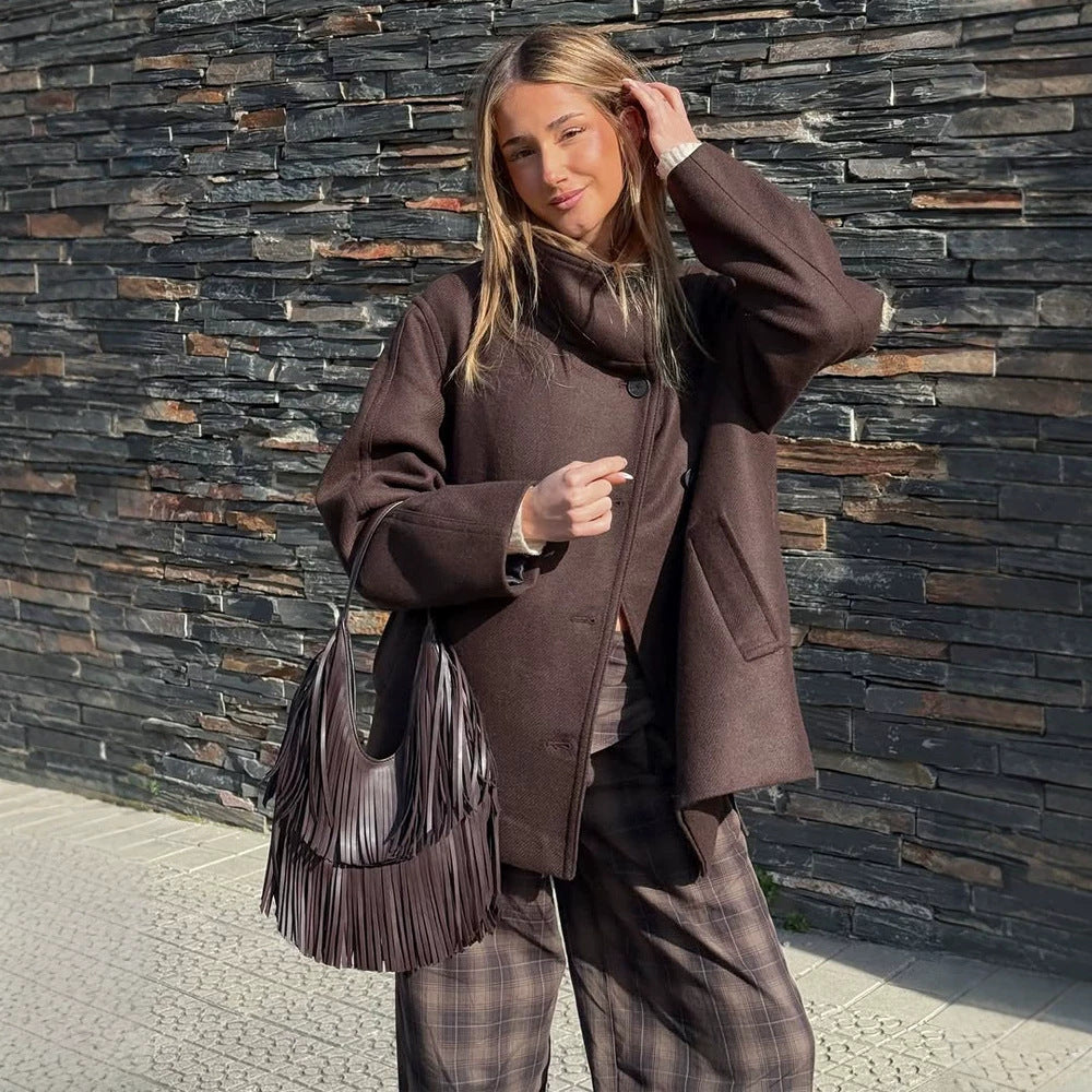 Damen Langer Wollmix-Mantel mit Oversize-Schnitt und weitem Revers Echoarchiv