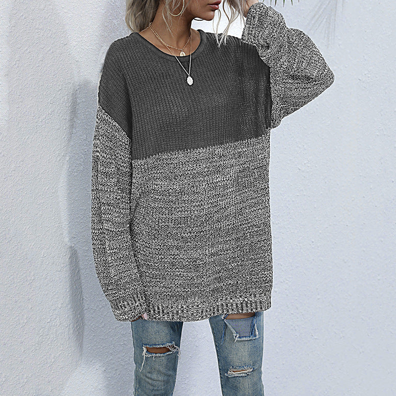 Damen Oversize-Strickpullover im Melange-Blockdesign mit Rundhalsausschnitt & verlängertem Saum Echoarchiv