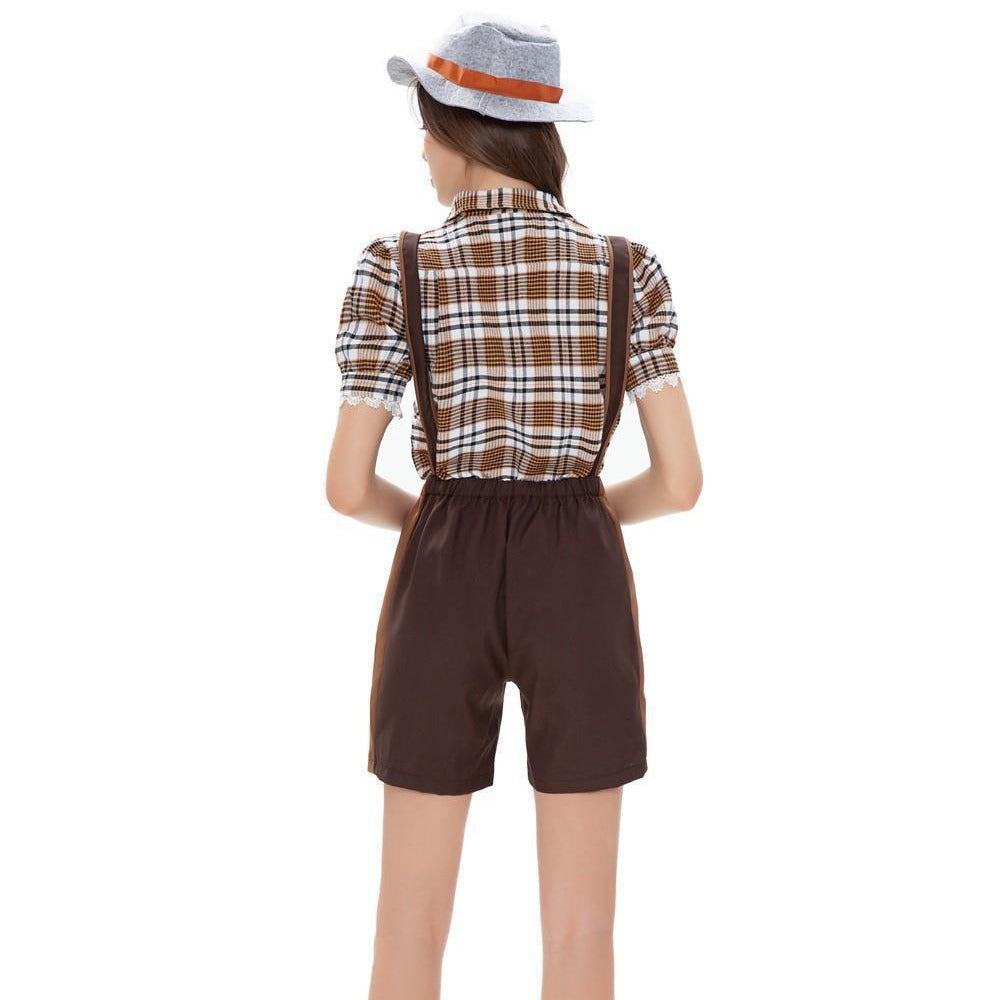 Damen nan Trachten-Shorts mit besticktem Latz, verstellbaren Trägern und karierter Bluse Echo Archiv