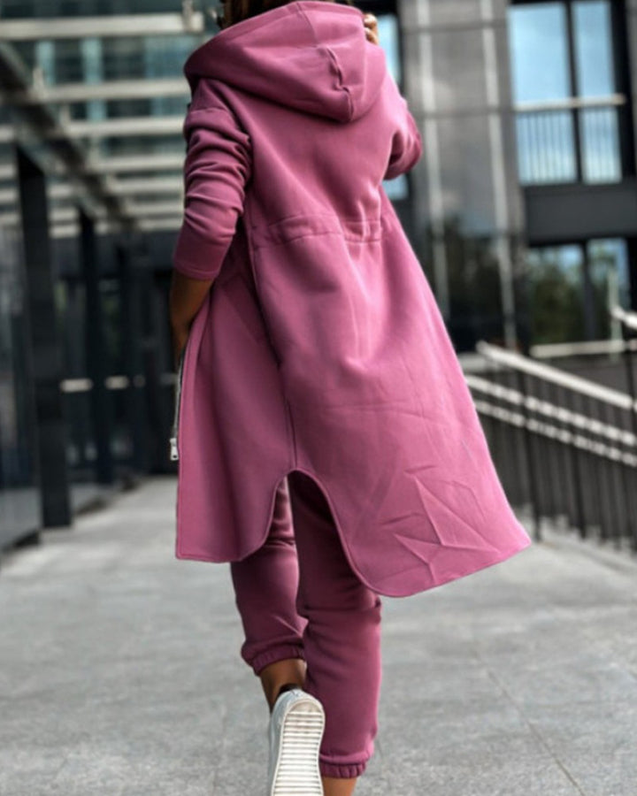 Damen nan lange Sweat-Kapuzenjacke mit Zweiwege-Reißverschluss, Tunnelzug-Taille, Eingrifftaschen und Seitenschlitzen Echo Archiv