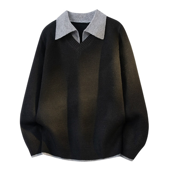 Unisex Oversize Strickpullover mit Kontrastpolokragen und V-Ausschnitt Echoarchiv