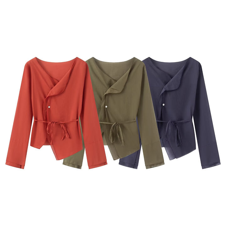 Damen Wickelbluse mit asymmetrischer Vorderseite, V‑Ausschnitt und Bindegürtel Echo Archiv