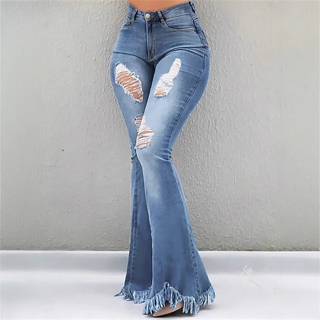 Damen High-Waist Flared-Jeans mit sculptendem Schnitt, Destroyed-Kniepartien und fransigem Volant-Saum Echo Archiv