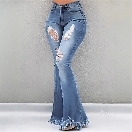 Damen High-Waist Flared-Jeans mit sculptendem Schnitt, Destroyed-Kniepartien und fransigem Volant-Saum Echo Archiv