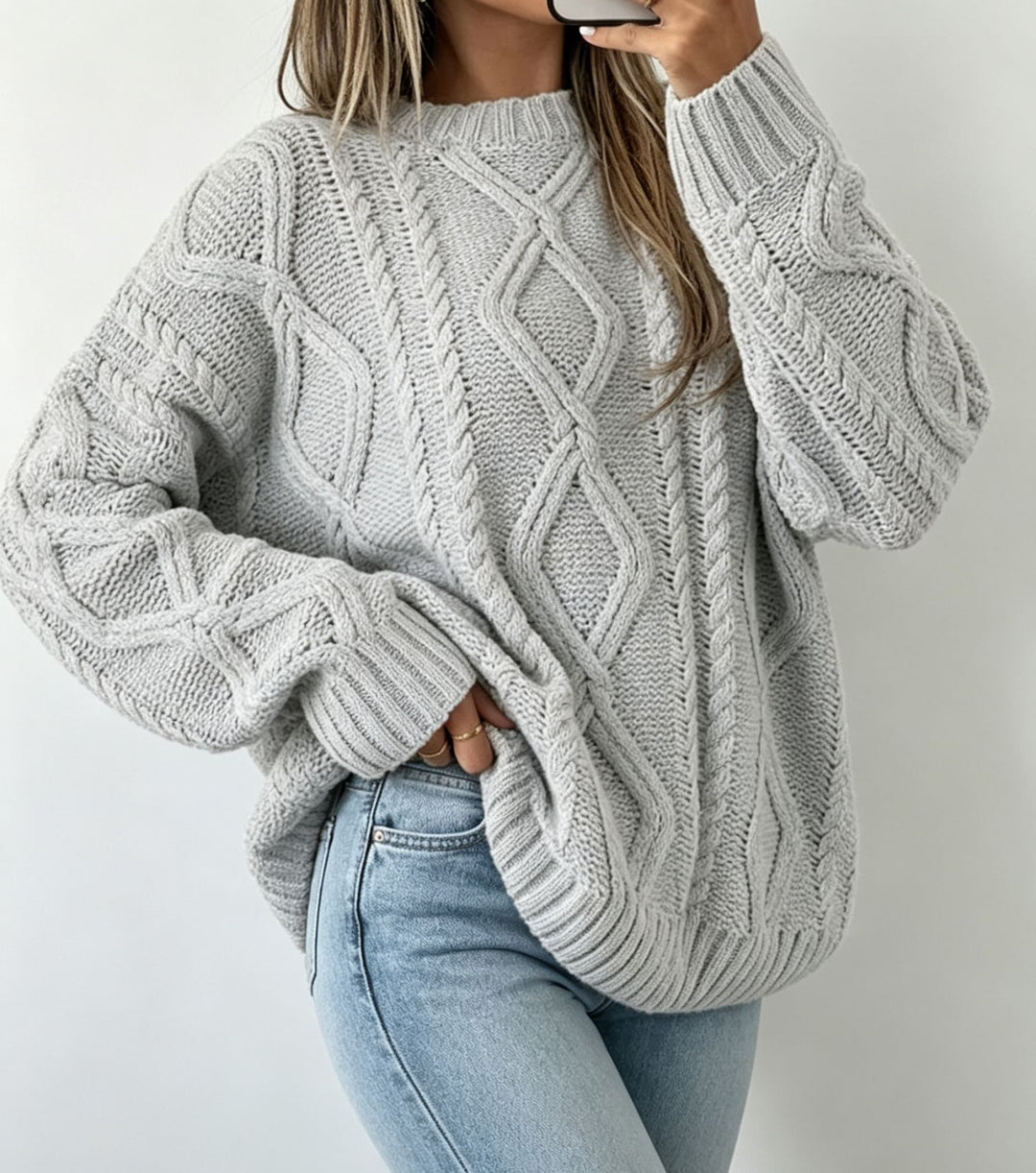 Damen Oversize Flechtstrick-Pullover mit Zopfmuster und Rundhals – Mavelle