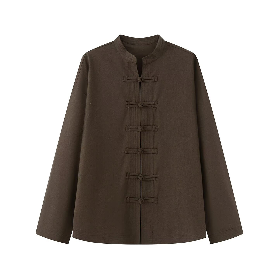 Damen Lockerer Leinen‑Mix Blouson mit Stehkragen und Knotenverschlüssen Echo Archiv