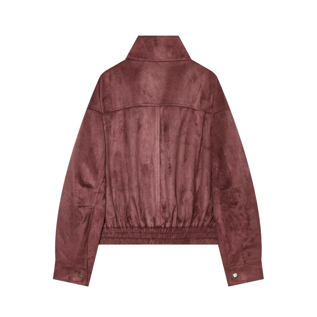 Damen kurze Veloursleder-Optik Bomberjacke mit Stehkragen und elastischem Saum Echo Archiv