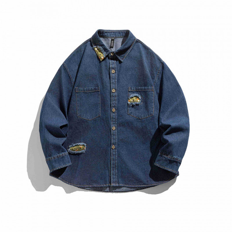 Unisex Kastenförmige Denim-Hemdjacke mit dekorativen Destroy-Applikationen und Oversized-Silhouette Echo Archiv