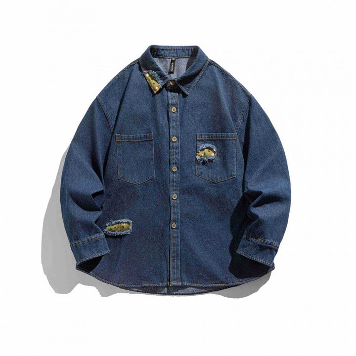 Unisex Kastenförmige Denim-Hemdjacke mit dekorativen Destroy-Applikationen und Oversized-Silhouette Echo Archiv