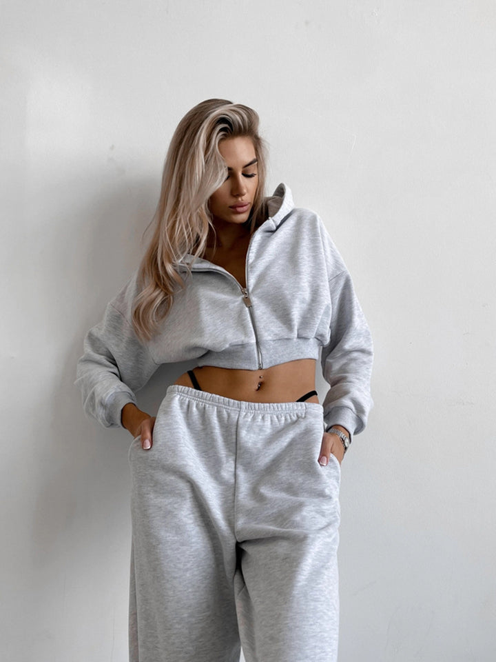 Damen kurzes Zip-Hoodie-Lounge-Set mit taillenhoher Relax-Sweathose – Auréline