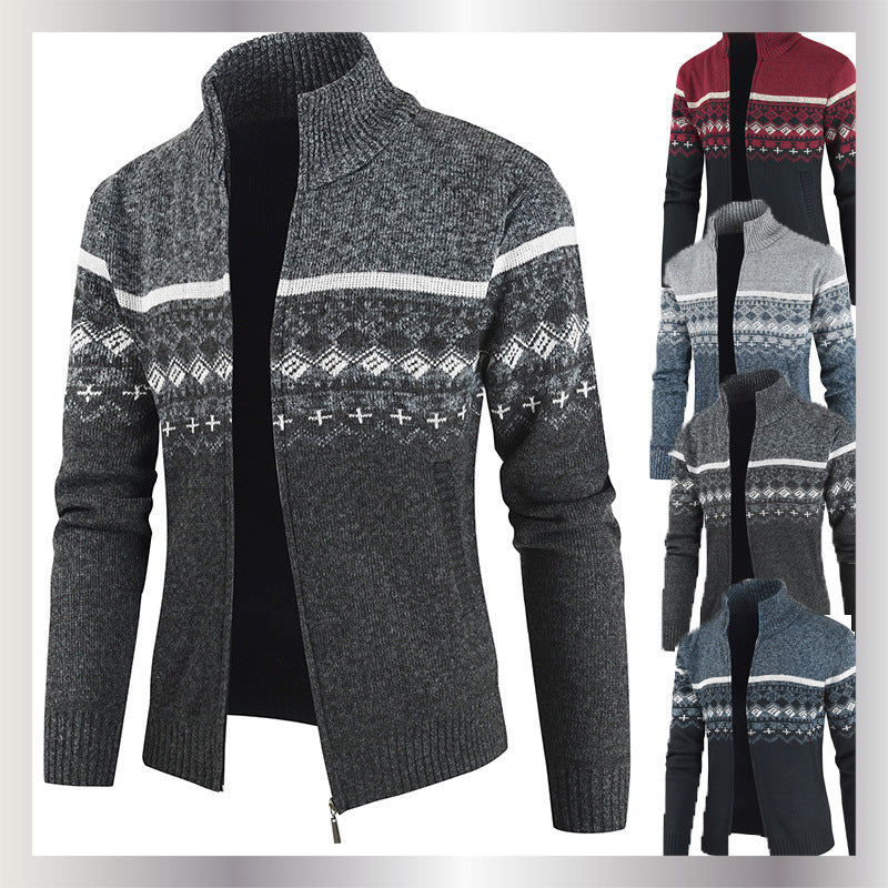 Herren Strickjacke mit geometrischen Mustern und hohem Kragen Echoarchiv