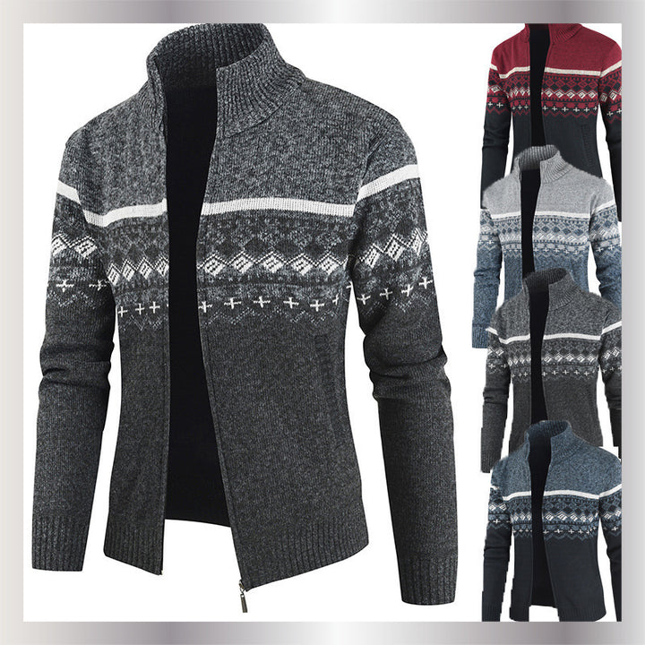 Herren Strickjacke mit geometrischen Mustern und hohem Kragen Echoarchiv