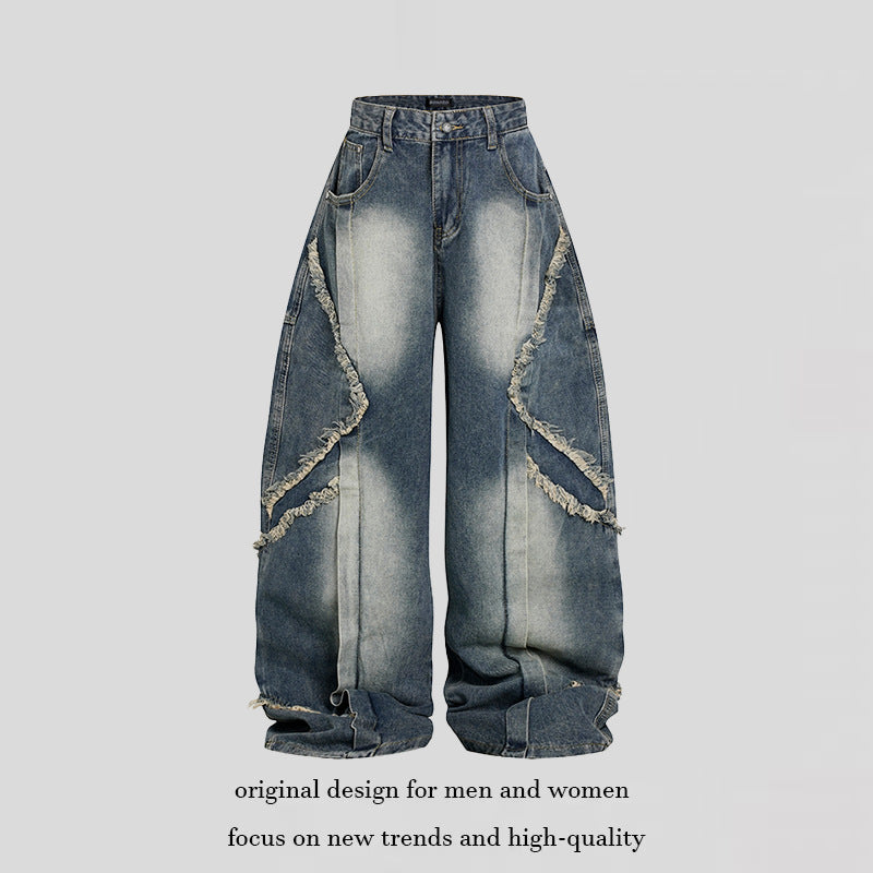 Damen Hochtaillierte weite Baggy-Jeans mit ausgefransten Lagenpanelen und Used-Look Echoarchiv