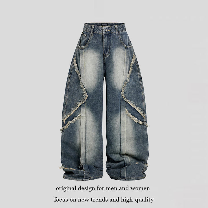 Damen Hochtaillierte weite Baggy-Jeans mit ausgefransten Lagenpanelen und Used-Look Echoarchiv