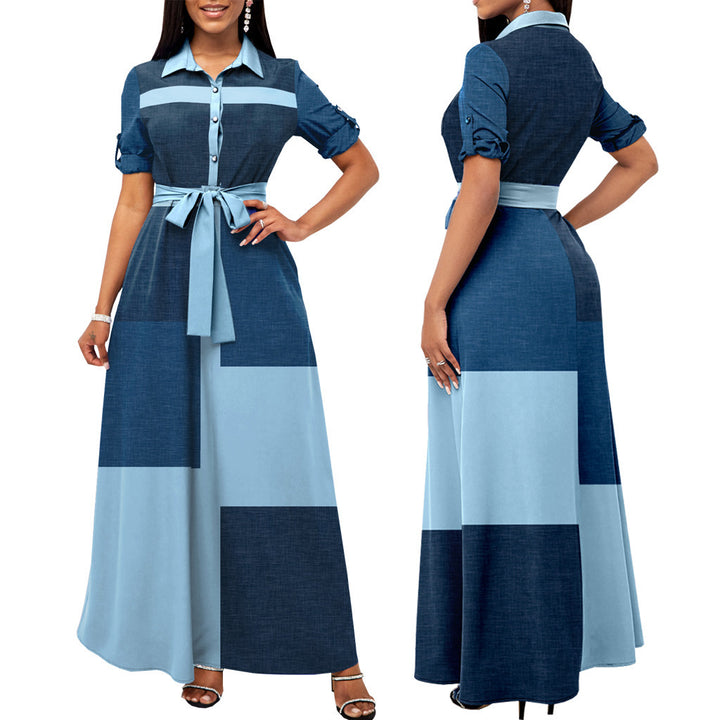 Damen Maxikleid Hemdblusenstil mit Taillengürtel und Blockpatch-Design Echoarchiv