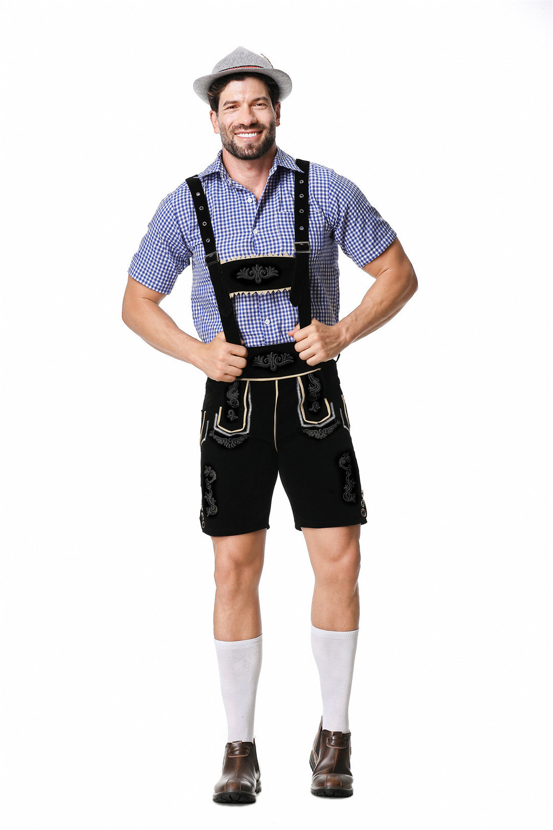 Herren nan authentische Trachtenlederhose kurz mit verstellbaren Trägern und aufwendiger Stickerei Echo Archiv