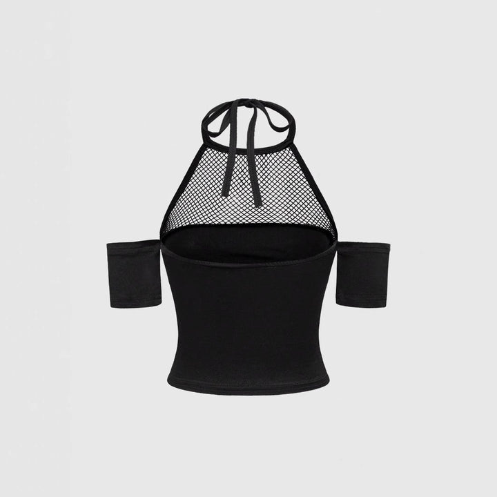 Damen Trendiges Crop-Top mit Netzdetails und originellem Grafiklitz Echo Archiv