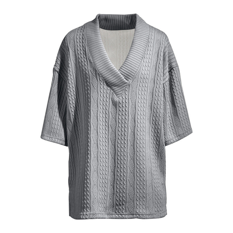 Damen nan weiter Kurzarm-Strickpullover mit Schalkragen und Zopfmuster Echo Archiv