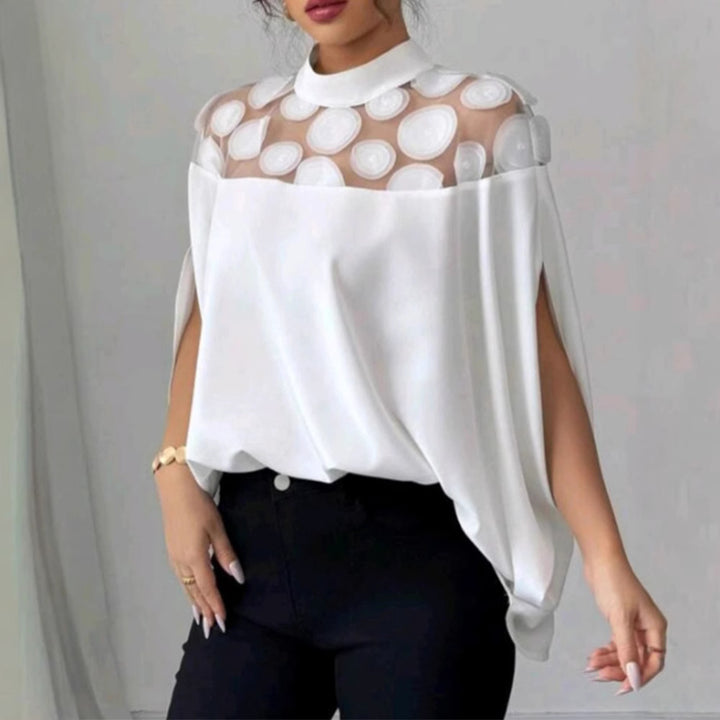 Damen nan elegante Tunika-Bluse mit Stehkragen, transparenter Rund-Applikationspasse und Cape-Ärmeln Echo Archiv