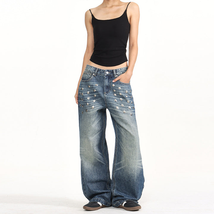 Damen Extraweite Nieten-Baggy-Jeans mit tiefem Bund und Used-Wash Echo Archiv