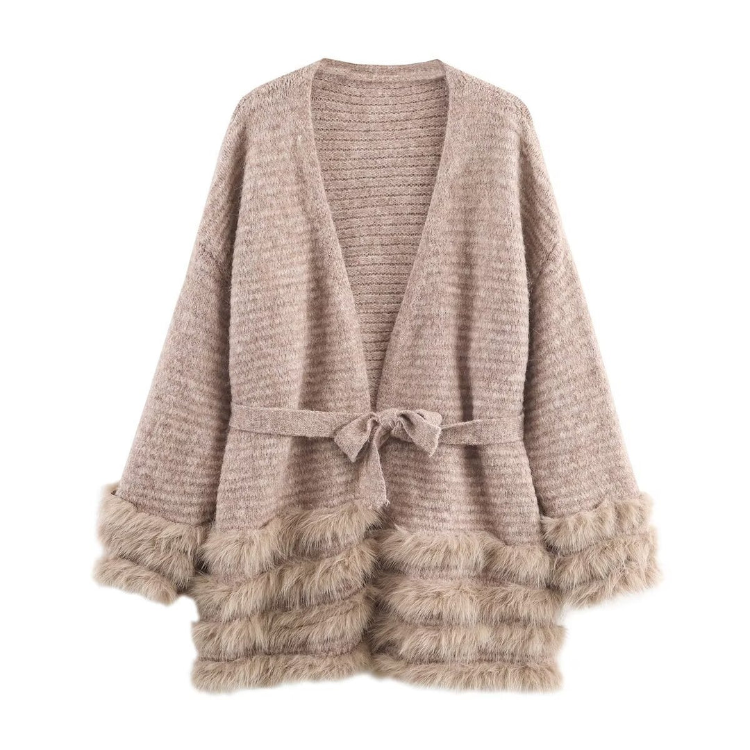 Damen Strick-Cardigan mit Bindegürtel und Faux-Fur-Besatz Echo Archiv