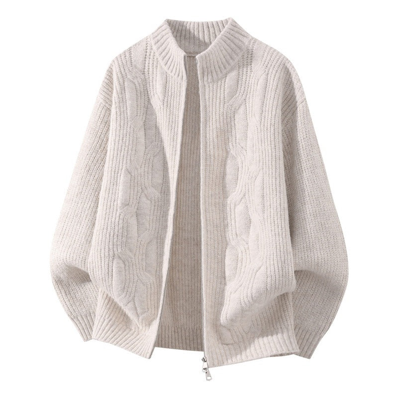 Damen Weicher Oversize‑Zopfmuster‑Cardigan mit Stehkragen & Zwei‑Wege‑Reißverschluss Echoarchiv