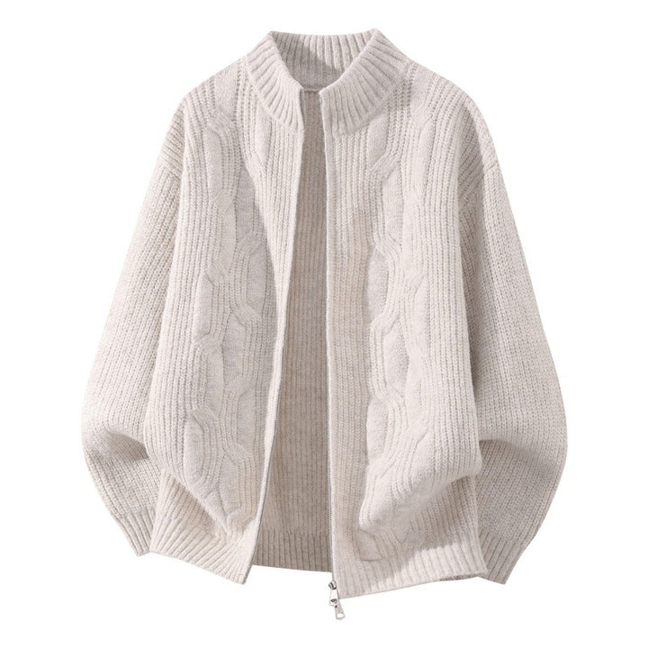 Damen Weicher Oversize‑Zopfmuster‑Cardigan mit Stehkragen & Zwei‑Wege‑Reißverschluss Echoarchiv