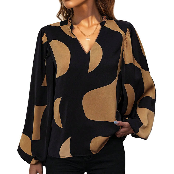 Damen Gemusterte V‑Neck Bluse mit Ballonärmeln und lockerem Fall Echoarchiv