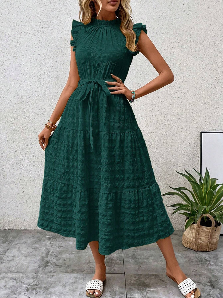 Damen Midikleid mit Stehkragen, Rüschenärmeln und Taillengürtel Echo Archiv