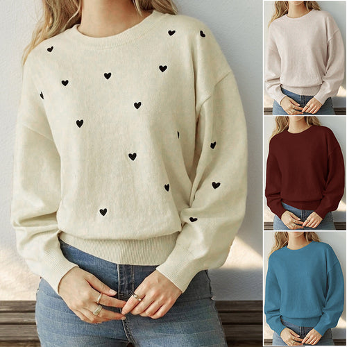 Damen Lockerer Feinstrickpullover mit Herzchen-Allover, Rundhalsausschnitt und elastischem Saum Echoarchiv