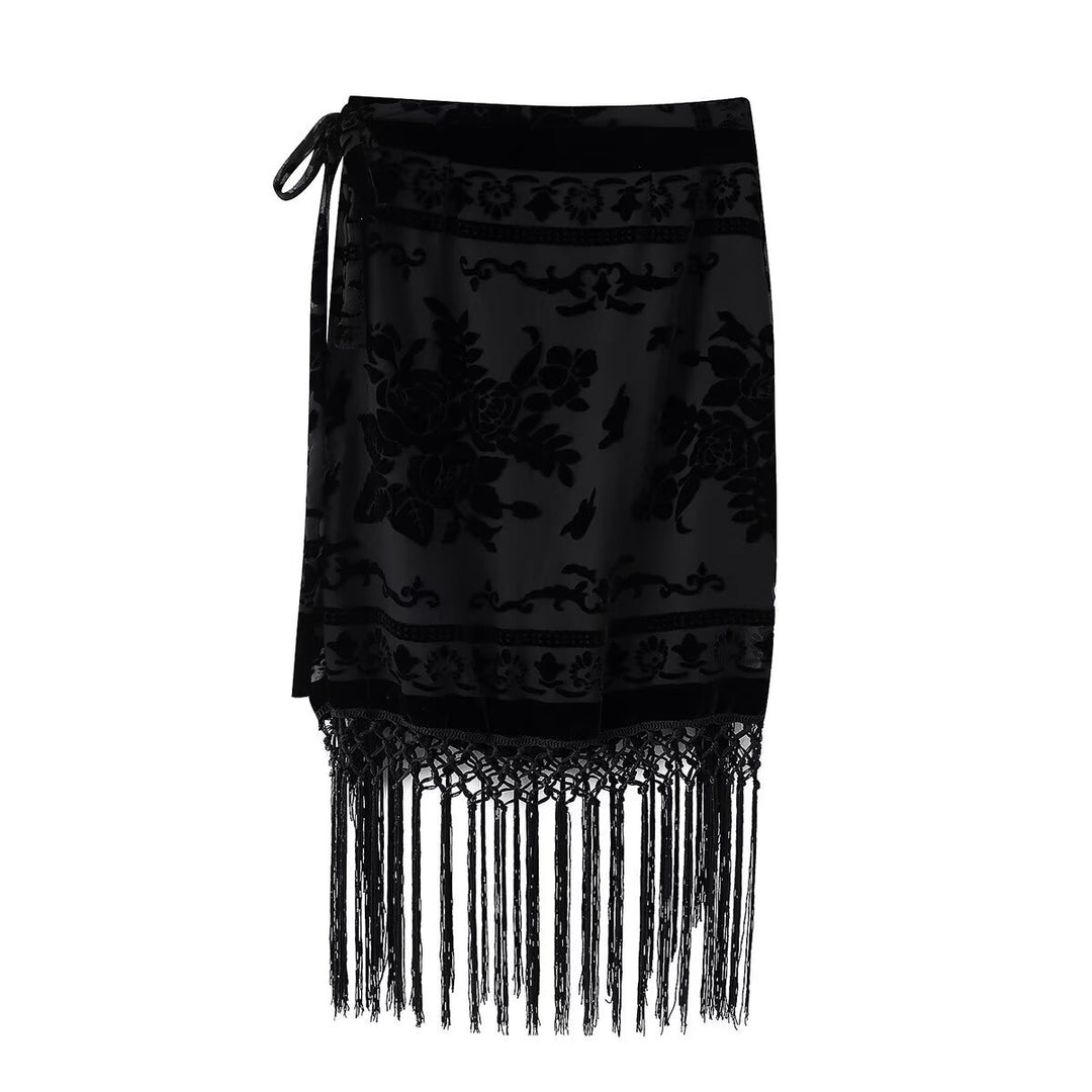 Damen eleganter Samtrock mit fransenverzierten Details und seitlichem Bindegürtel Echo Archiv