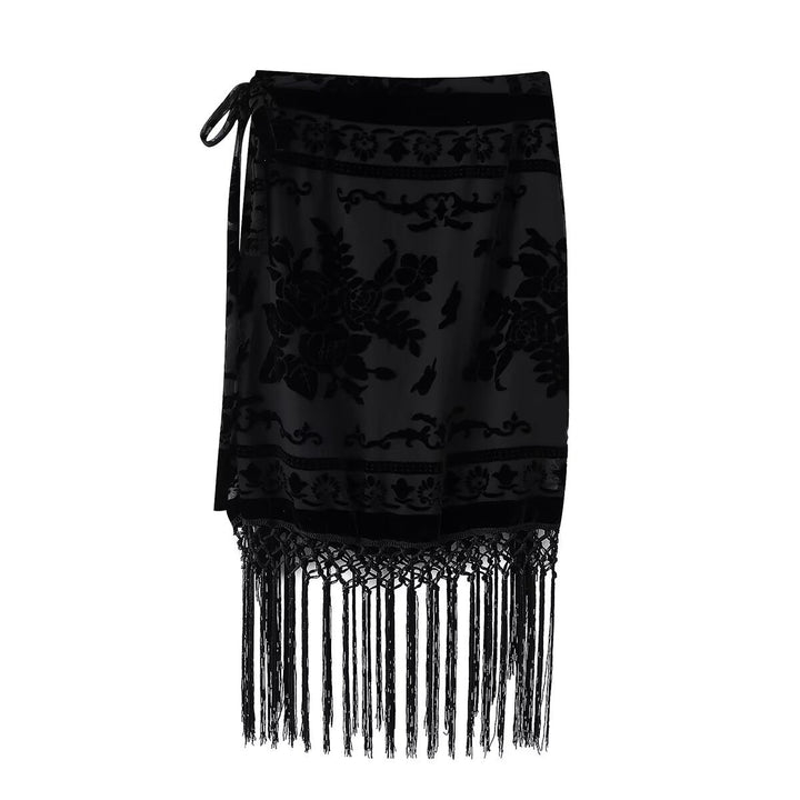 Damen eleganter Samtrock mit fransenverzierten Details und seitlichem Bindegürtel Echo Archiv
