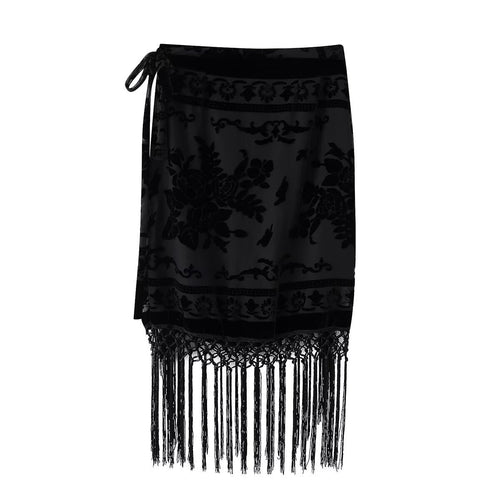 Damen eleganter Samtrock mit fransenverzierten Details und seitlichem Bindegürtel Echo Archiv