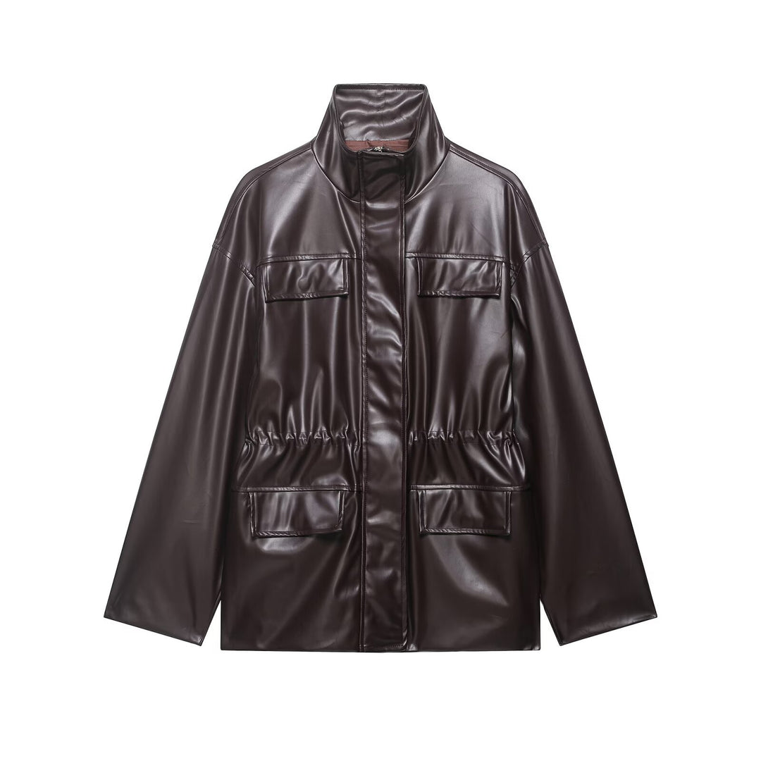 Damen Zweiteiliges PU-Leder-Ensemble mit Fieldjacke, Kordelzugtaillierung und High‑Waist Wide‑Leg Hose Echo Archiv
