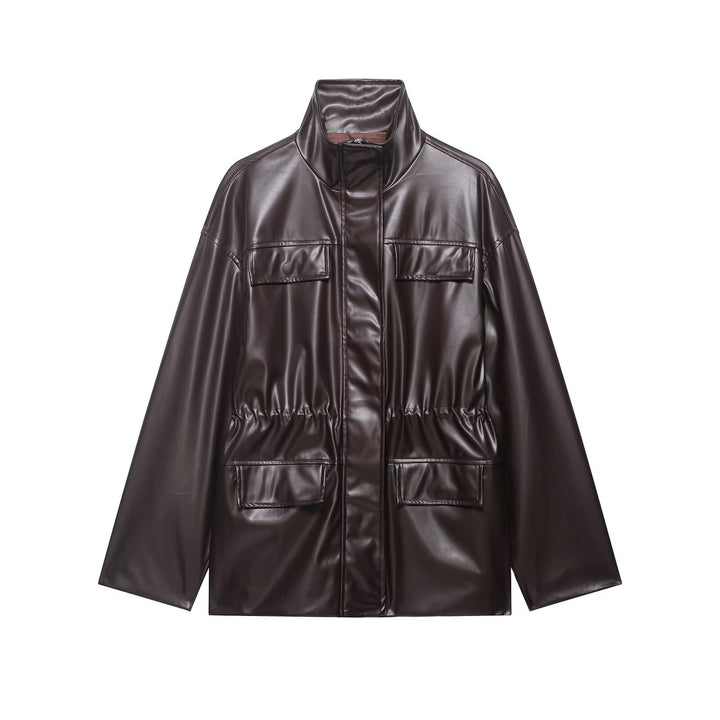 Damen Zweiteiliges PU-Leder-Ensemble mit Fieldjacke, Kordelzugtaillierung und High‑Waist Wide‑Leg Hose Echo Archiv