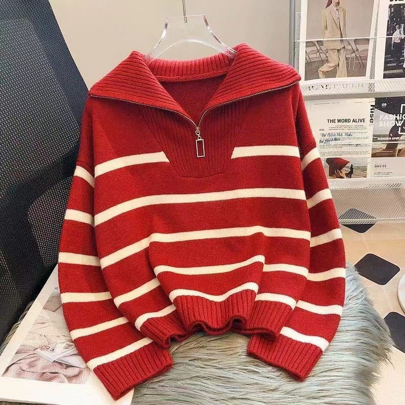 Damen Gestreifter Halb-Reißverschluss Strickpullover mit Rippenkragen – Mavelle