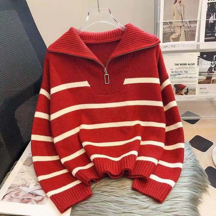 Damen Gestreifter Halb-Reißverschluss Strickpullover mit Rippenkragen – Mavelle