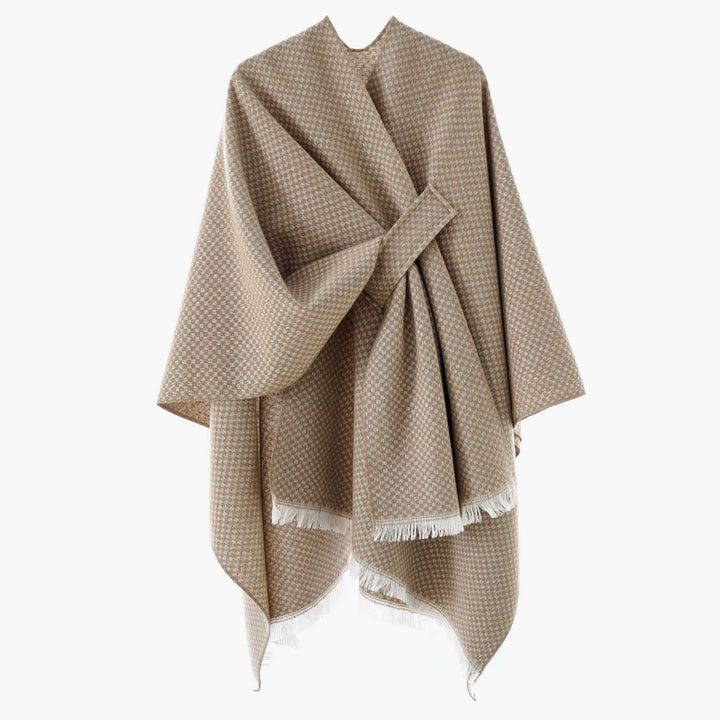 Damen Umlegbarer Wollmix-Poncho mit Hahnentritt-Jacquard und Bindegürtel Echo Archiv