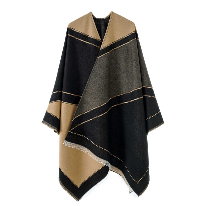 Damen Wendbarer Strickcape-Poncho mit Fransen und kontrastierenden Streifen – Avérine