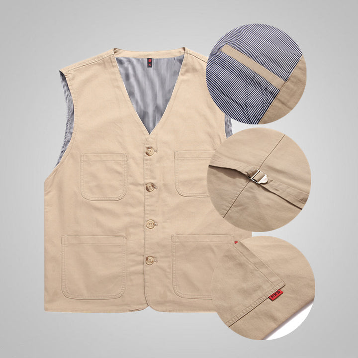 Herren Canvas-Utilityweste aus Baumwolle mit aufgesetzten Taschen und gestreiftem Innenfutter – Marzano