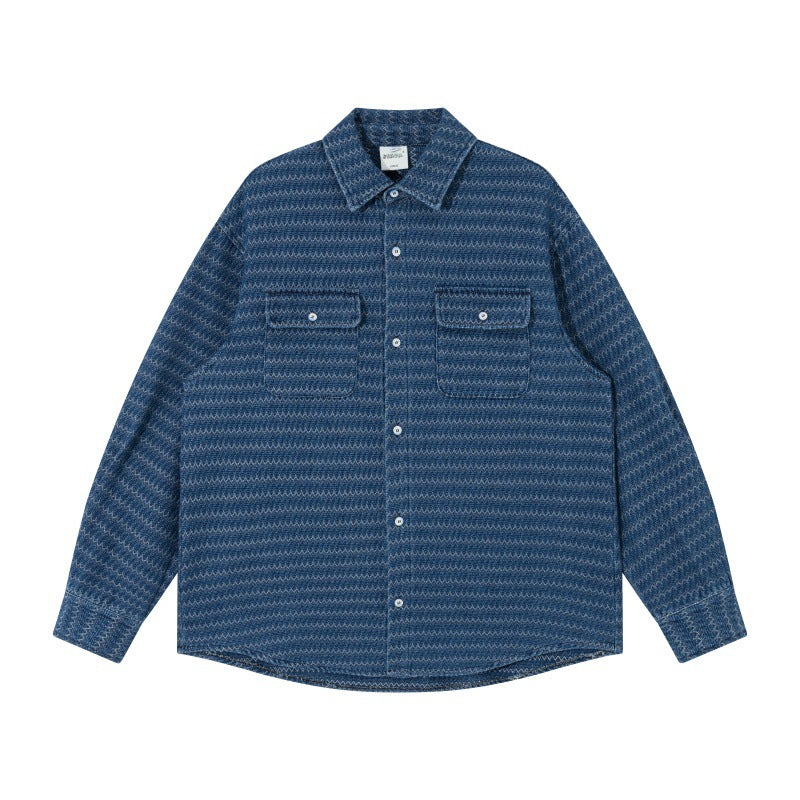 Unisex Strukturierte Baumwoll-Overshirtjacke mit Zickzack-Jacquard und aufgesetzten Brusttaschen Echoarchiv