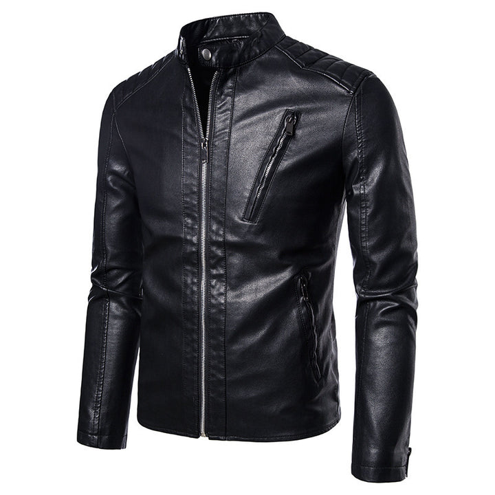 Herren Slim-Fit Kunstleder-Motorradblouson mit gesteppter Schulterpartie und hochgeschlossenem Stehkragen Echo Archiv