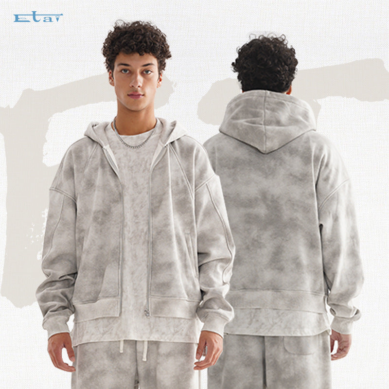 Unisex Kurz geschnittene Reißverschluss-Kapuzenjacke aus French-Terry mit Cloud-Dye-Effekt und Raglannähten Echo Archiv