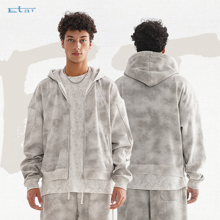 Unisex Kurz geschnittene Reißverschluss-Kapuzenjacke aus French-Terry mit Cloud-Dye-Effekt und Raglannähten Echo Archiv