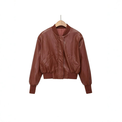 Damen Cropped Leder-Bomberjacke mit geripptem Saum und Pattentaschen Echoarchiv