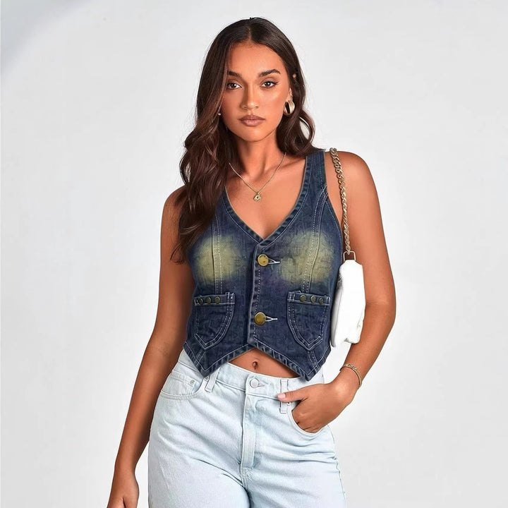 Damen Denim Bustier-Jacke mit Knopfdetails und aufgesetzten Taschen Echo Archiv