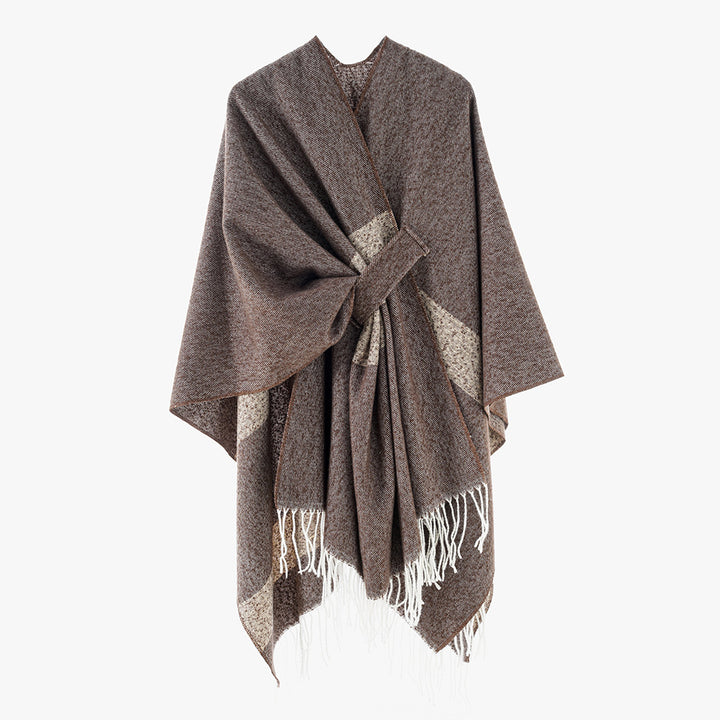 Damen Wollmix-Capeponcho mit Bindeschlaufen, weichgewebtem Oversize-Überwurf und Fransensaum – Avérine