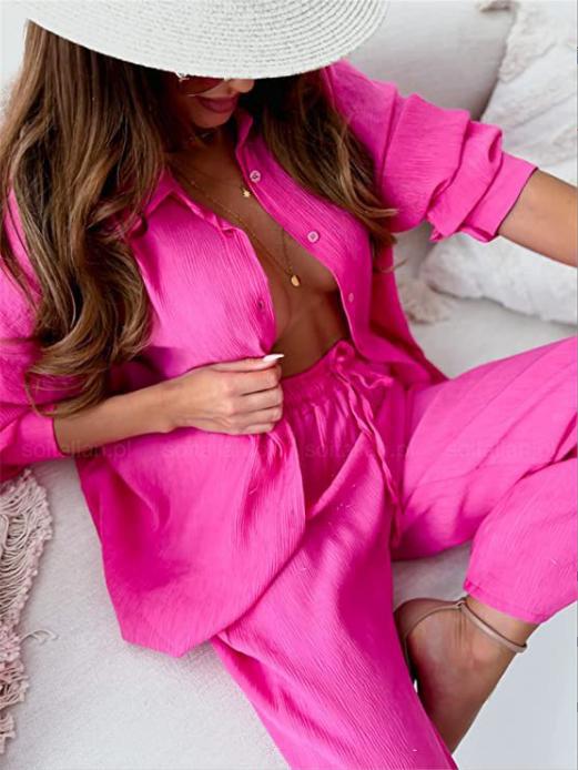 Damen nan lockeres zweiteiliges Lounge-Set mit Oversize-Hemd und elastischer Bundhose Echo Archiv